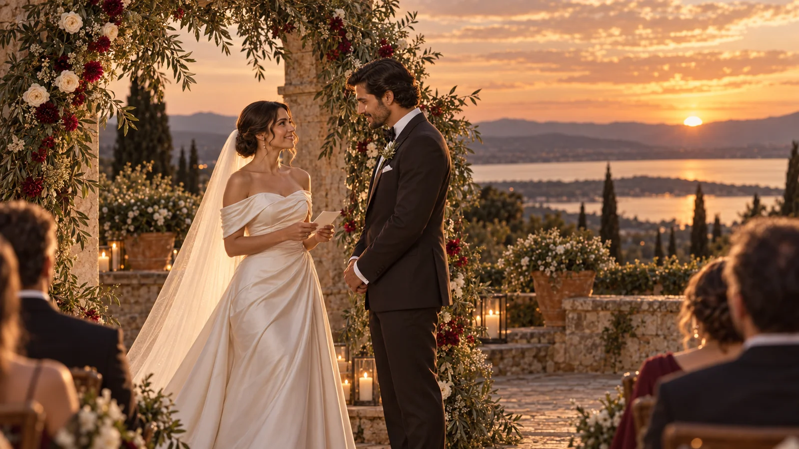 Sofía y Martín intercambiando sus votos al atardecer