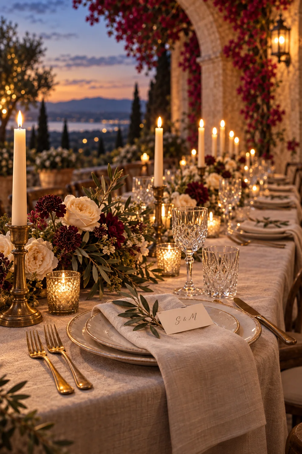 Mesa de boda iluminada con velas
